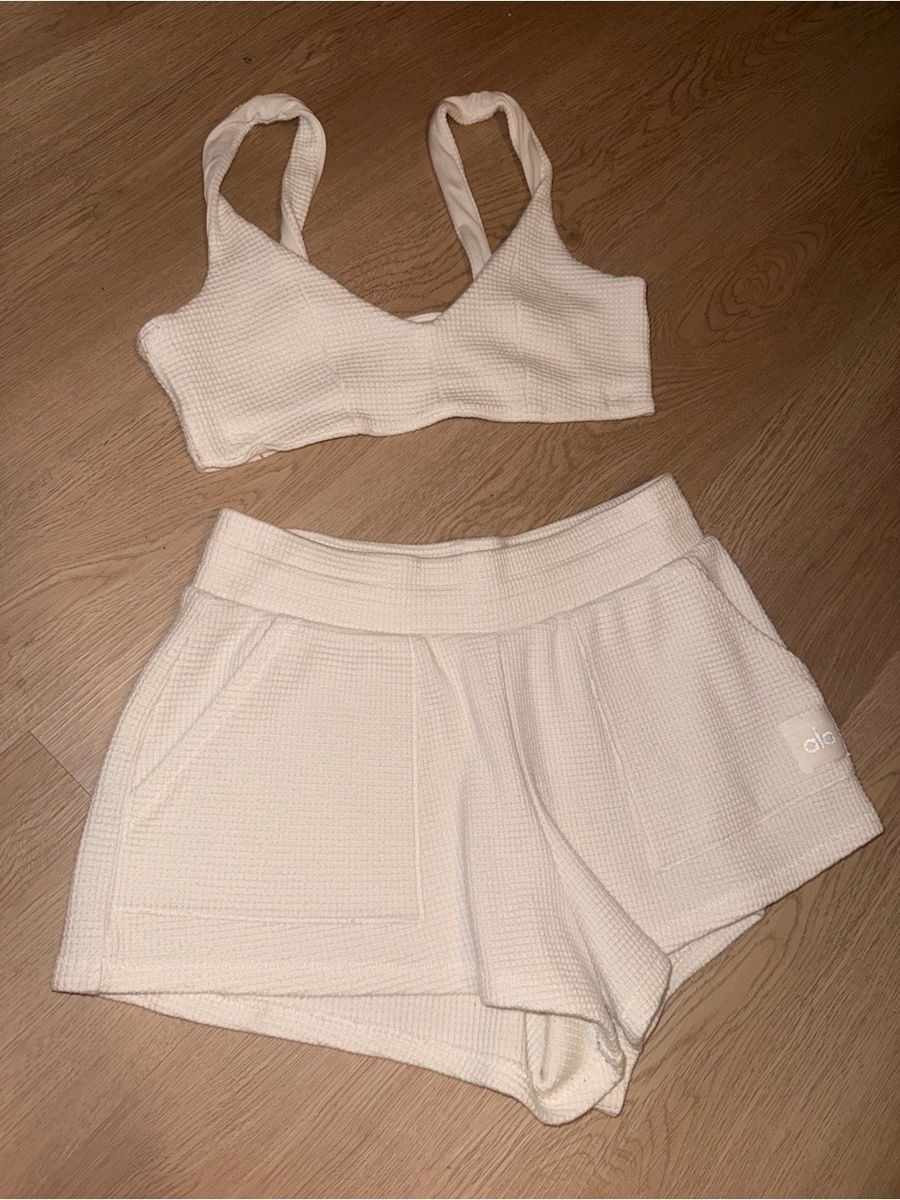 ALO Yoga Cream Waffle-Knit Bralette & Shorts Set